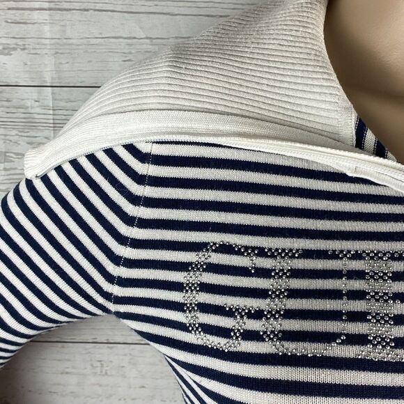 Guess Sweater Jacket Juniors Medium Black White Striped Rhinestone Logo Full Zip - Picture 3 of 12